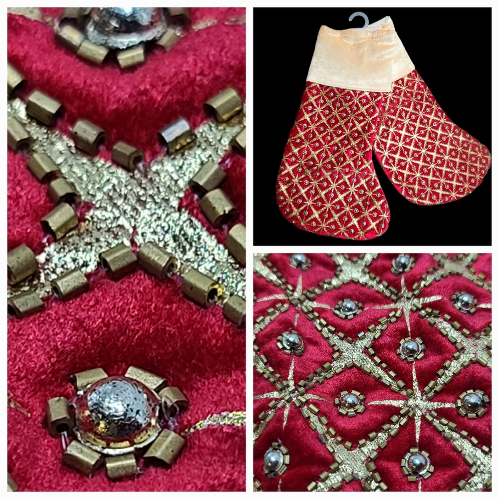 2 Piece Luxury Red Gold & Silver Shimmer Beaded Christmas Stocking Set NEW